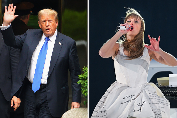 Donald Trump waves in a suit and blue tie; Taylor Swift sings on stage in a white dress with lyrics printed on it