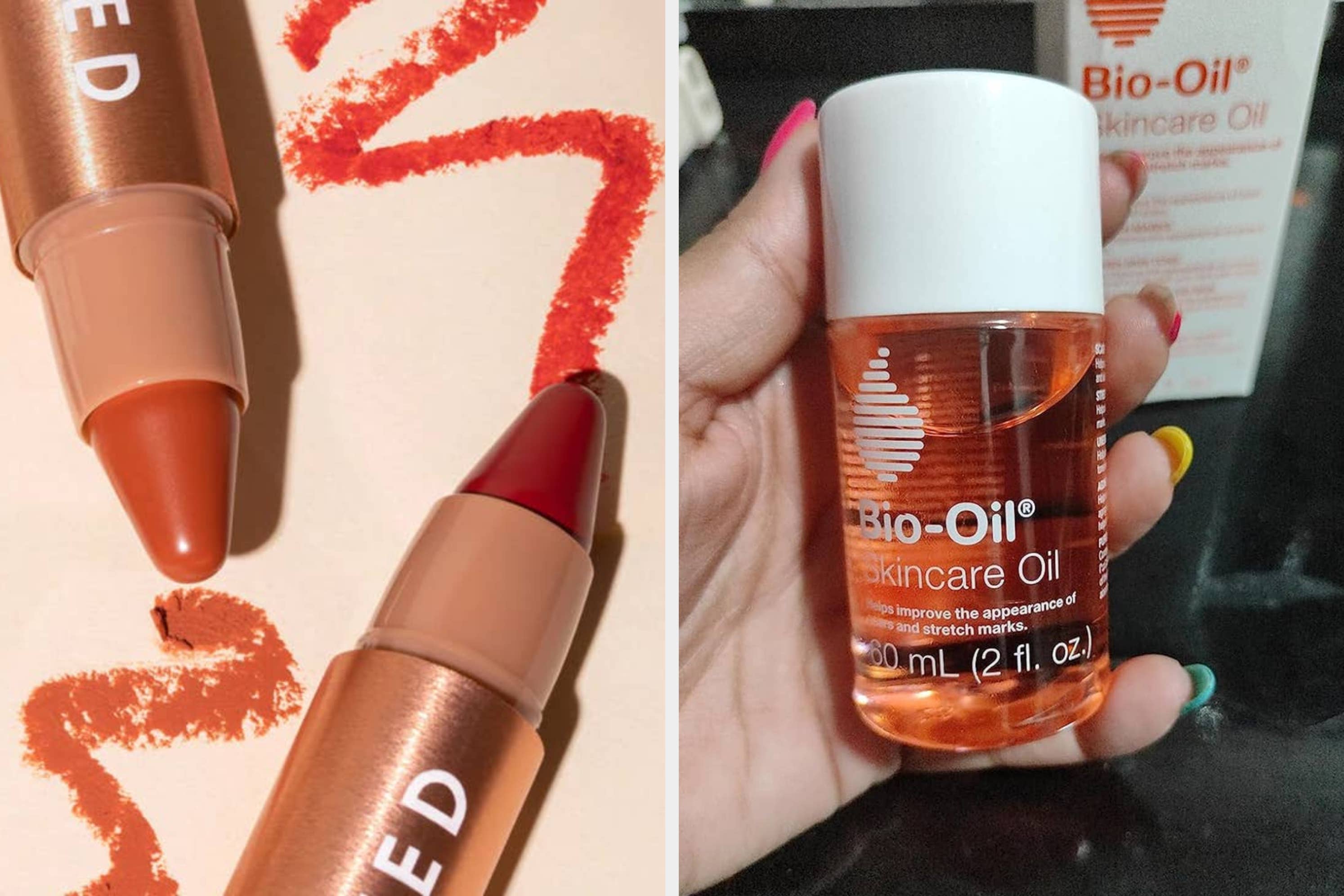 Makeup products on the left, including nude and red multistick colors and reviewer holding 2-oz bottle of bio-oil skincare oil