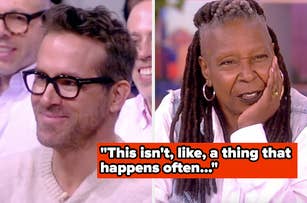 Ryan Reynolds smiling on the left; Whoopi Goldberg, wearing statement earrings and leaning on her hand, on the right with overlay text: "This isn't, like, a thing that happens often..."