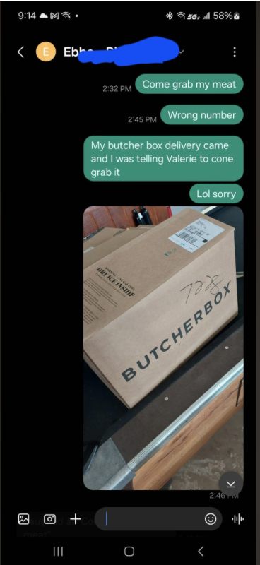 A text message conversation mistakenly sent to the wrong number about a butcher box delivery, followed by an apology and a photo of the delivered box