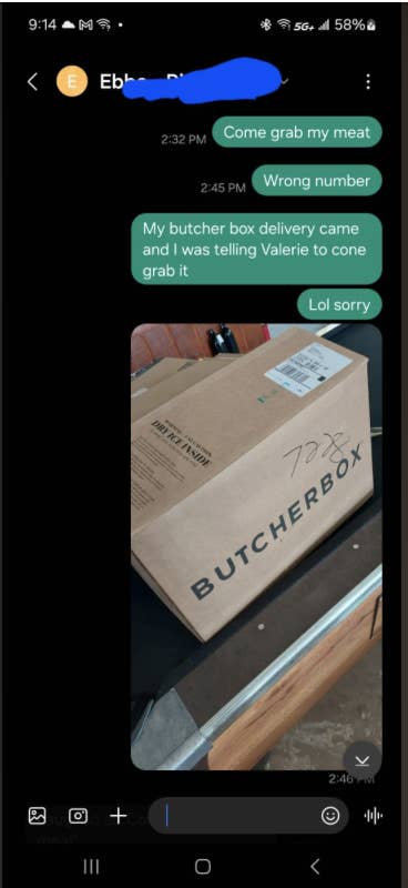 A text message conversation mistakenly sent to the wrong number about a butcher box delivery, followed by an apology and a photo of the delivered box