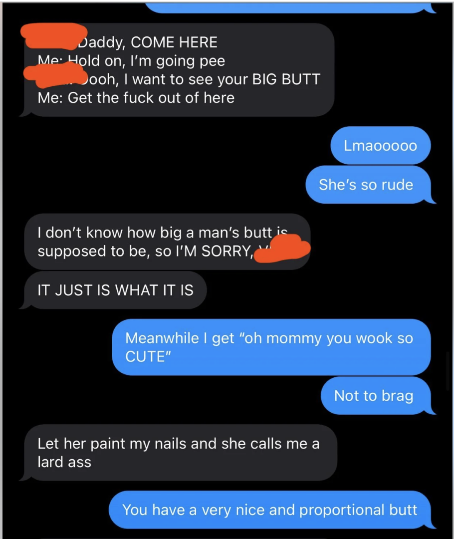 Text messages between an adult and a child discussing body image and humorously comparing compliments given by a parent to each child