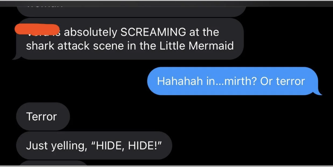 Text message conversation joking about a child screaming during the shark attack scene in The Little Mermaid. One person texted, &quot;absolutely SCREAMING at the shark attack scene in the Little Mermaid,&quot; followed by, &quot;Just yelling, &#x27;HIDE, HIDE!&#x27;&quot;
