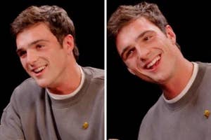 Jacob Elordi smiling in two side-by-side images, wearing a casual sweatshirt