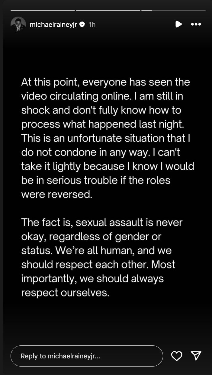 Michael Rainey Jr.&#x27;s Instagram post on sexual assault awareness and the impact of a recent video, emphasizing mutual respect and self-respect