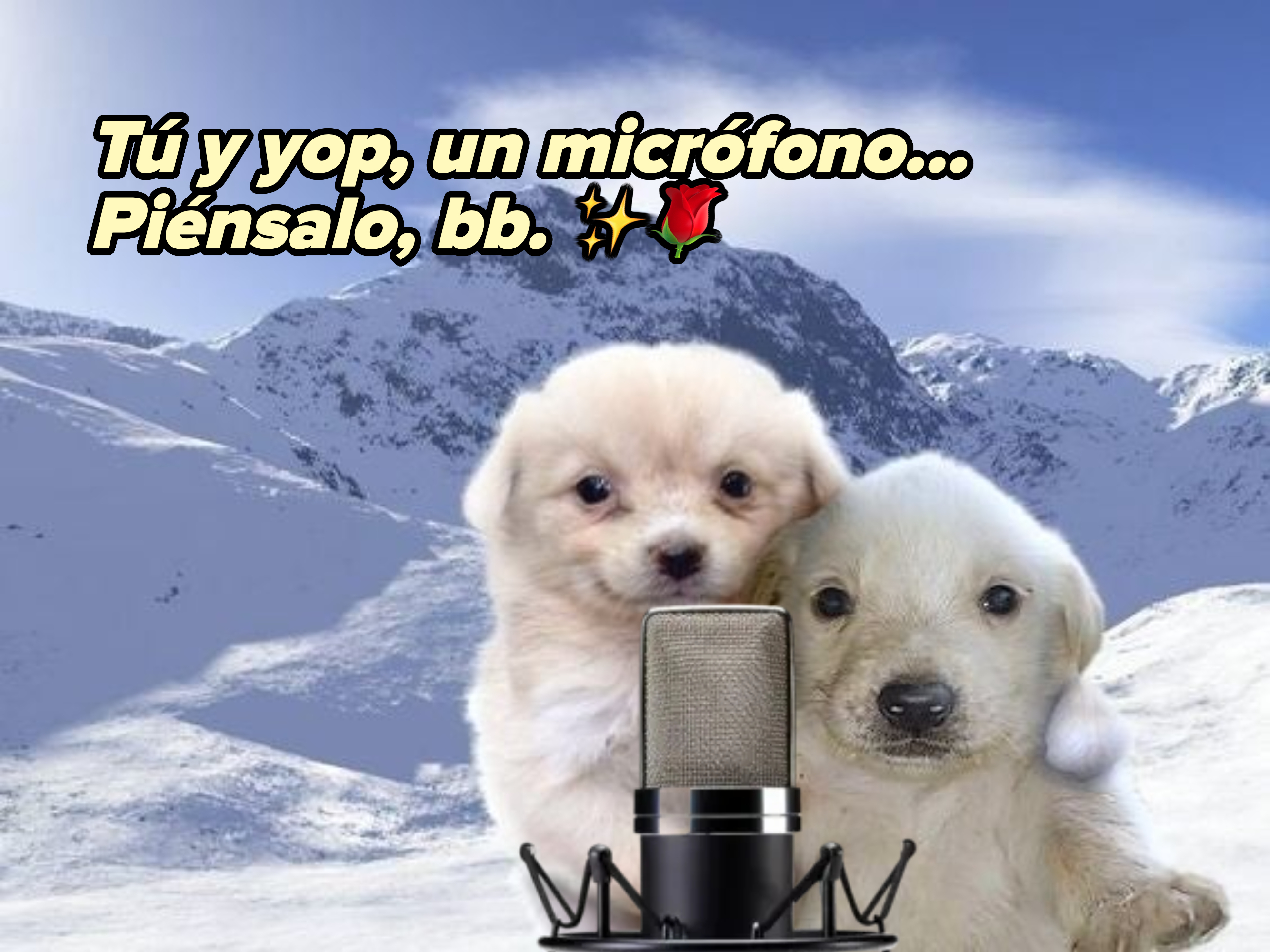 Dos cachorros posando juntos sobre un paisaje nevado con montañas al fondo