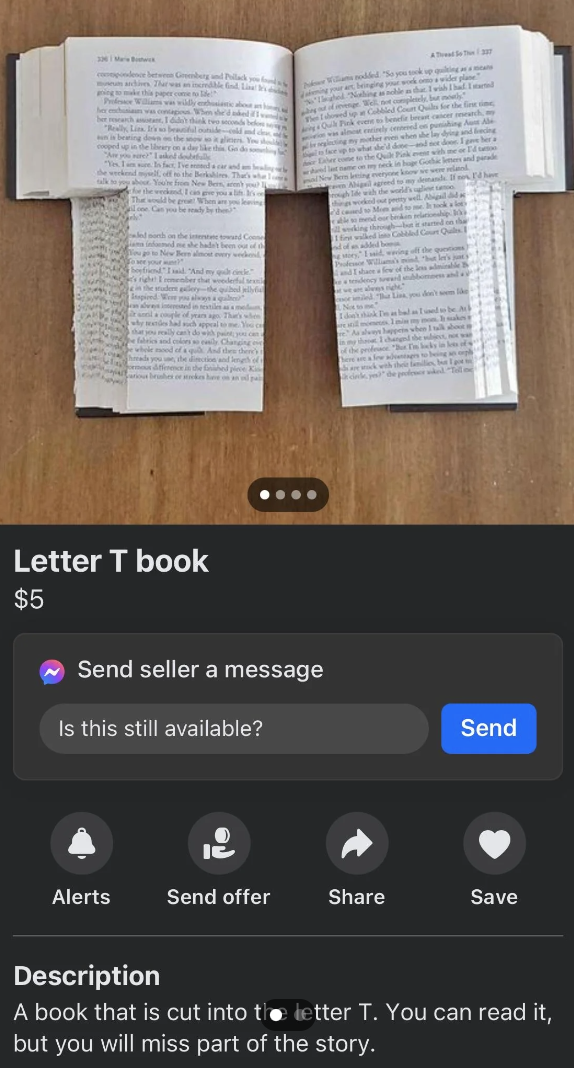 A book that is cut into the letter T, listed for sale for $5. The book can be read, but parts of the story will be missing due to the cut