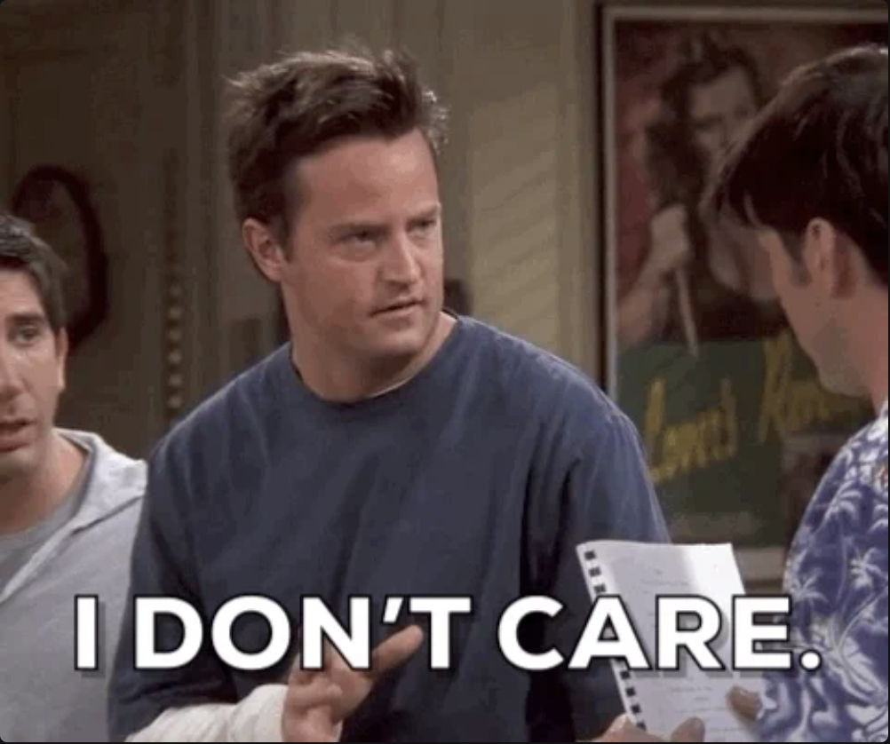 Matthew Perry as Chandler Bing from Friends says, &quot;I DON'T CARE,&quot; while Joey Tribbiani (Matt LeBlanc) stands beside him