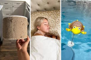 Person holds a textured toilet paper roll; a woman sleeps on a leopard print pillow, and a yellow turtle thermometer floats in a pool