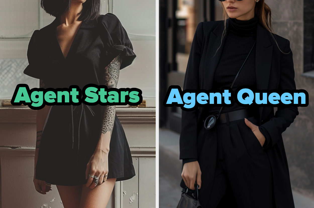 On the left, someone wearing a short sleeved mini dress labeled Agent Stars, and on the right, someone wearing a turtleneck and blazer labeled Agent Queen