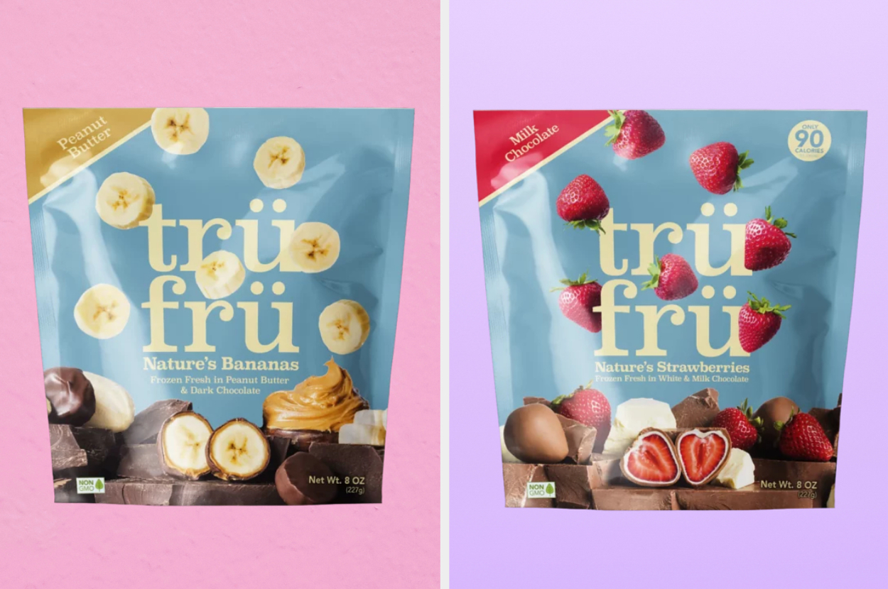On the left, a bag of peanut butter and dark chocolate banana Tru Fru, and on the right, a bag of white chocolate and milk chocolate strawberry Tru Fru