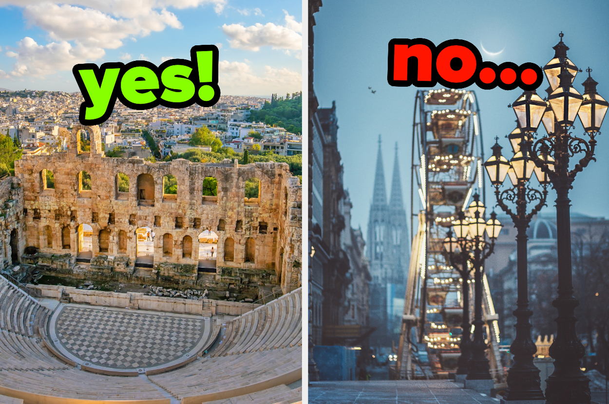On the left, ancient ruins in Athens labeled yes, and on the right, a winter scene in Vienna labeled no