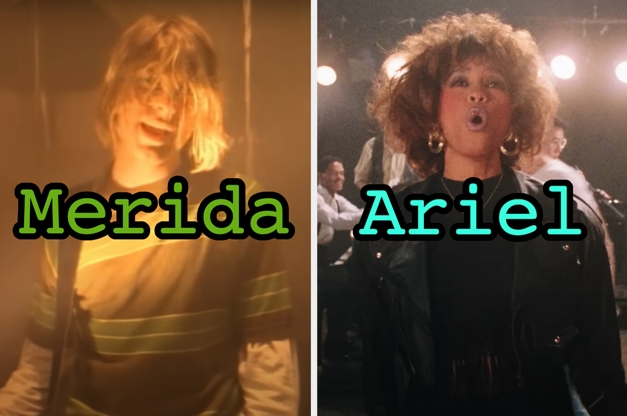 On the left, Kurt Cobain in Nirvana's Smells Like Teen Spirit music video labeled Merida, and on the right, Whitney Houston in the Greatest Love of All music video labeled Ariel