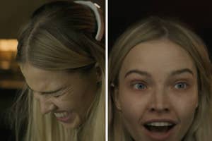 A split image shows two expressions of actress Sasha Luss: on the left, she is wincing in pain; on the right, she is giving a deranged looking smile