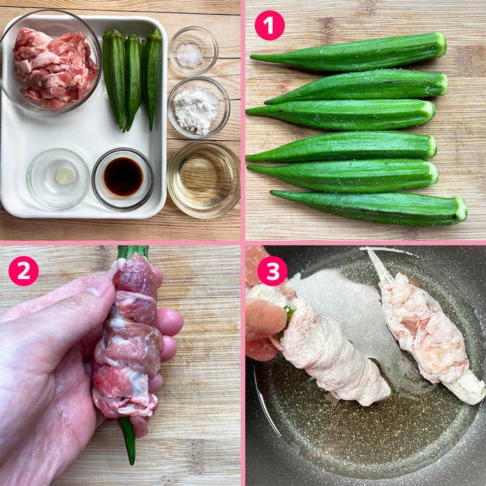 オクラの豚肉巻きの手順: 1. オクラを用意する 2. オクラに豚肉を巻く 3. フライパンで焼く