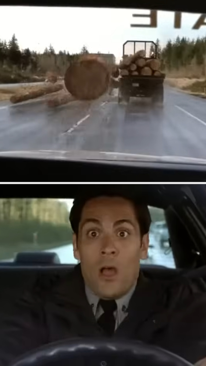 Log transporting truck spills logs onto the road in front of shocked driver in a scene from the movie &quot;Final Destination 2.&quot;