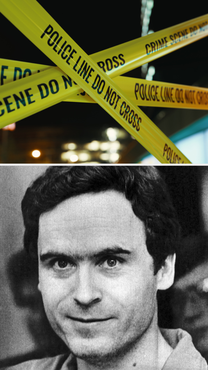 Yellow police tape marked &quot;Crime Scene Do Not Cross&quot; above a black and white photo of a man with dark hair and a slight smile