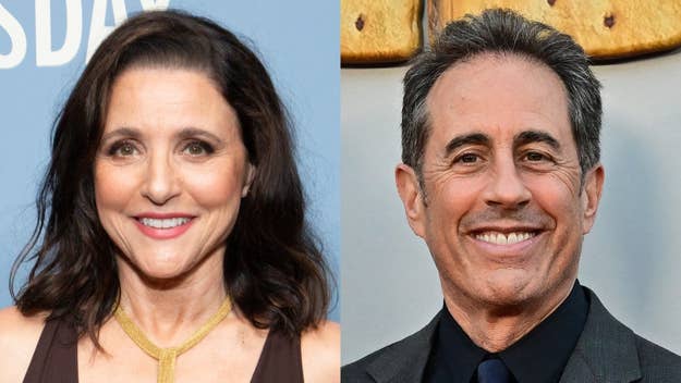 Julia Louis-Dreyfus and Jerry Seinfeld smiling in side-by-side images. Julia wears a dark dress and gold necklace; Jerry wears a suit and tie