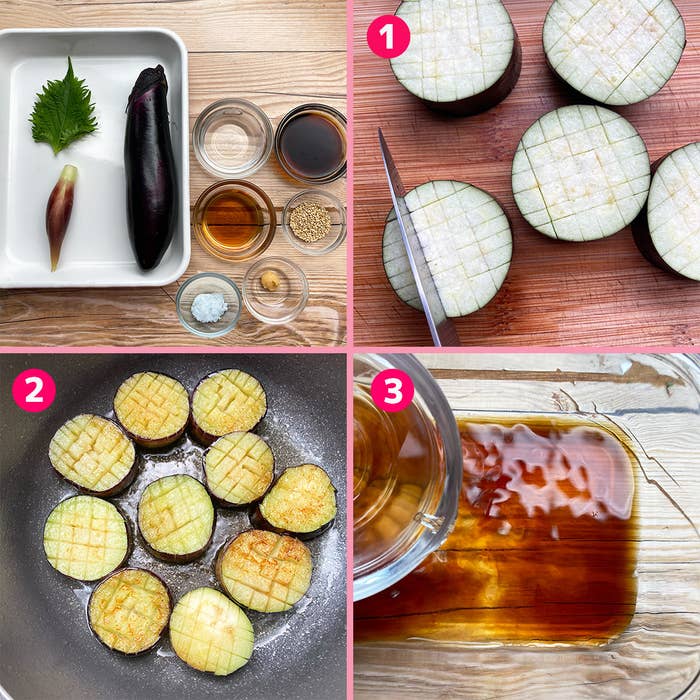 調理過程の画像。1. ナスは輪切りにして格子状に切り目を入れる。2. 油で焼く。3. 調味料を混ぜる。