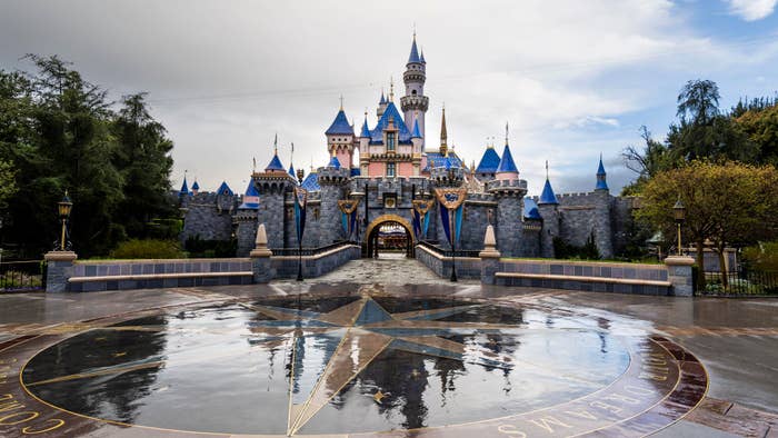 Sleeping Beauty Castle at Disneyland, appearing in the distance over a wet compass rose ground pattern
