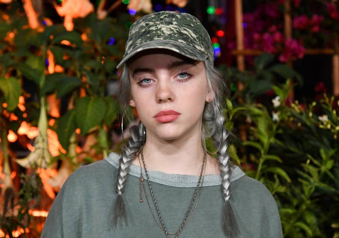 Billie Eilish wears a camouflage cap and a sweatshirt with braided hair. She stands in front of a backdrop of green plants