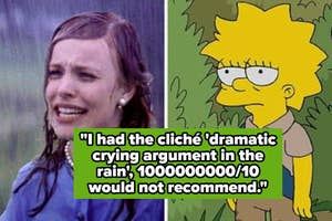 Two images side by side: one of a woman crying in the rain and the other of the animated character Lisa Simpson. Overlaid text: "I had the cliché 'dramatic crying argument in the rain', 1000000000/10 would not recommend."