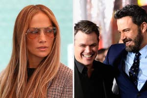 Jennifer Lopez in sunglasses and checkered jacket, Matt Damon and Ben Affleck laughing together in suits