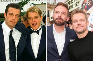 Ben Affleck and Matt Damon in a two-photo collage: on the left in tuxedos in an earlier photo, and on the right in casual outfits at a more recent event