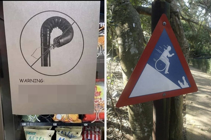 Two wooden signs show a fire emergency warning. The first reads “IN CASE OF FIRE RAISE THIS FLAP”, and the second says “NOT NOW STUPID! IN CASE OF FIRE."