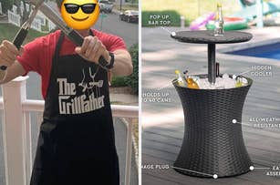 reviewer wearing "The Grillfather" apron and an outdoor table that hides a cooler
