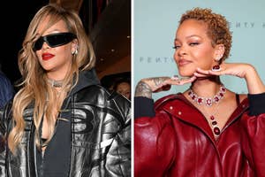 Rihanna in two different outfits: On the left, Rihanna in a black leather jacket with sunglasses. On the right, Rihanna in a red outfit posing with her hands near her face