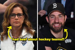 Jenna Fischer and John Krasinski, with text reading "had beef about hockey teams?!"