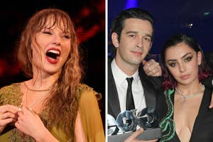 Taylor Swift sings passionately in a green outfit. Matty Healy and Charli XCX pose together holding a music award; Healy wears a suit, and XCX is in a black outfit