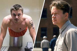 Leonardo DiCaprio shirtless with a tattoo on his upper arm, and Tim Robbins in a button-up shirt in an outdoor scene from "The Shawshank Redemption"