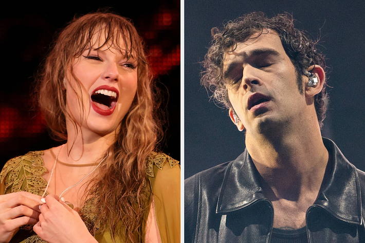 Taylor Swift smiling with wet hair on the left; Matty Healy performing with eyes closed on the right