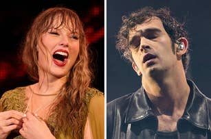 Taylor Swift smiling with wet hair on the left; Matty Healy performing with eyes closed on the right