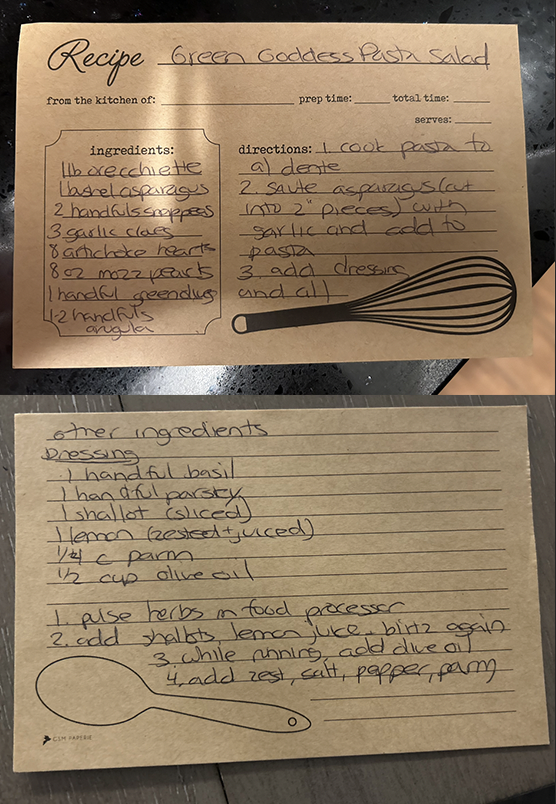 Recipe for Green Goddess Pasta Salad, serves 6. It includes ingredients, directions, dressing, other ingredients, and a note about pure herbs in a food processor