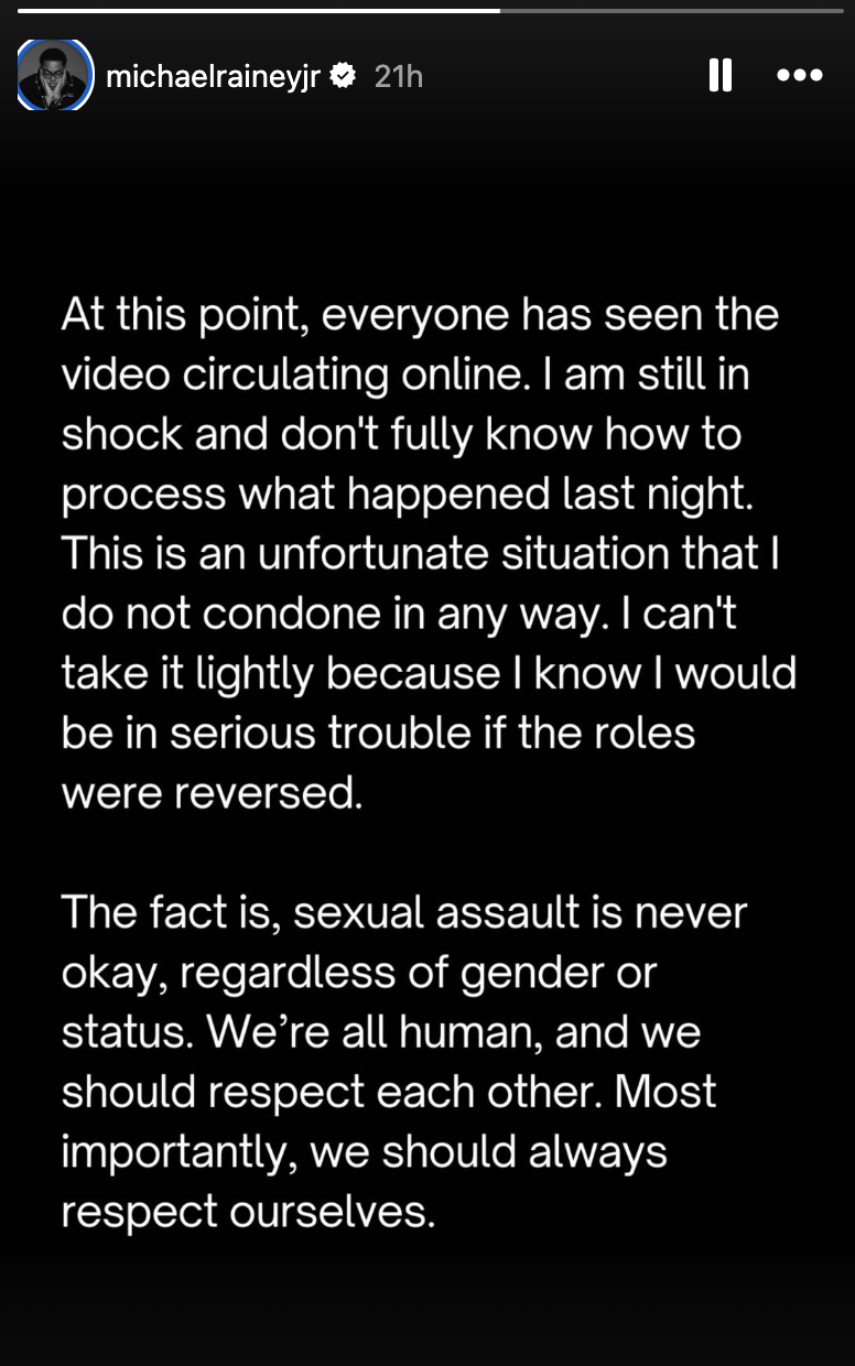 Summary of a social media post by michaelraineyjr discussing the viral video, emphasizing the gravity of the situation, condemning sexual assault, and advocating for mutual respect
