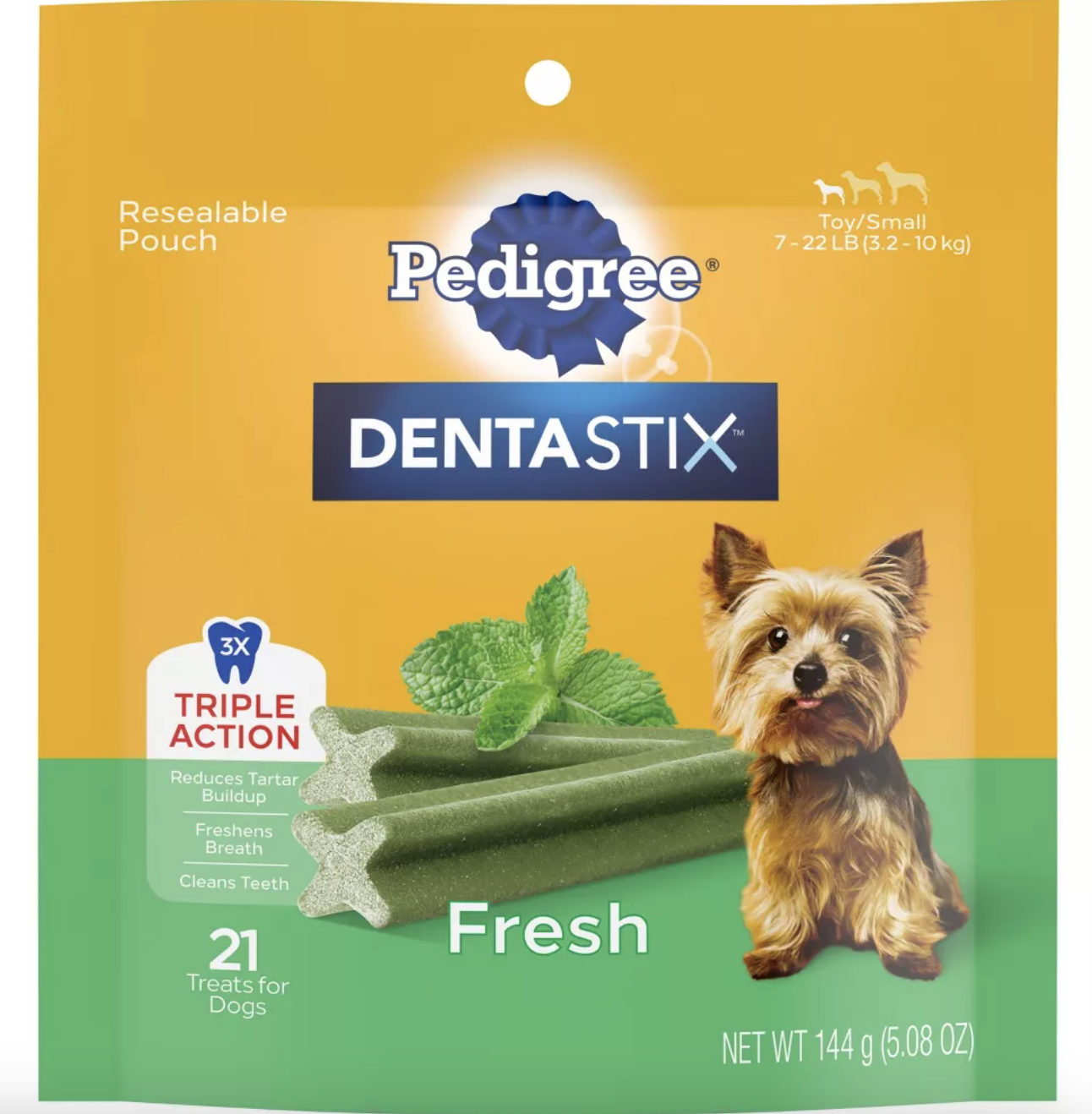 Package of Pedigree Dentastix Fresh Treats for Dogs, 21 treats, in a resealable pouch, Designed for toy/small dogs, with triple action to freshen breath