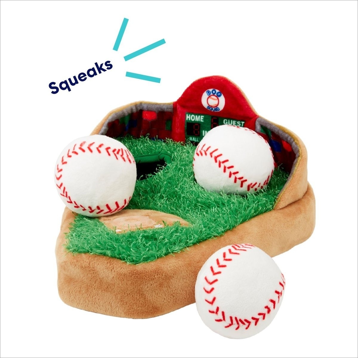 Plush toy shaped like a baseball field with three plush baseballs and a score sign