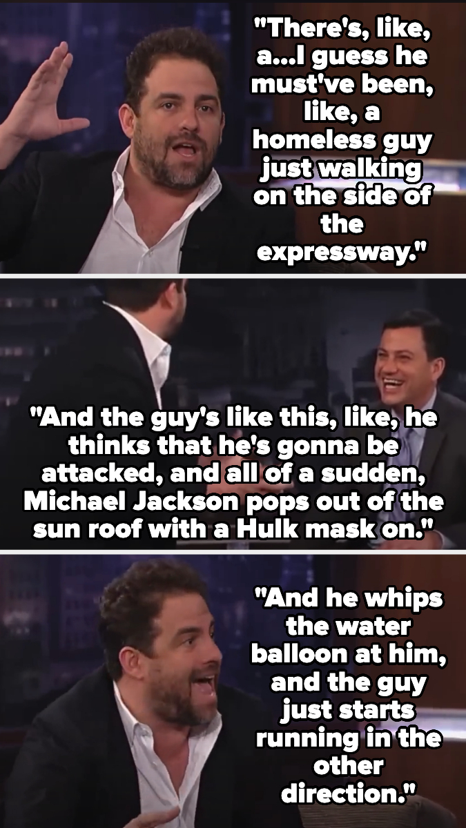 A man tells a humorous story on a talk show with three textual panels, describing a situation with Michael Jackson surprising a homeless person by popping out of a sunroof with a Hulk mask and throwing a water balloon. The host reacts amusedly