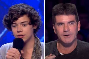 Harry Styles, wearing a scarf and holding a microphone, sits next to Simon Cowell, who is looking at and speaking to him