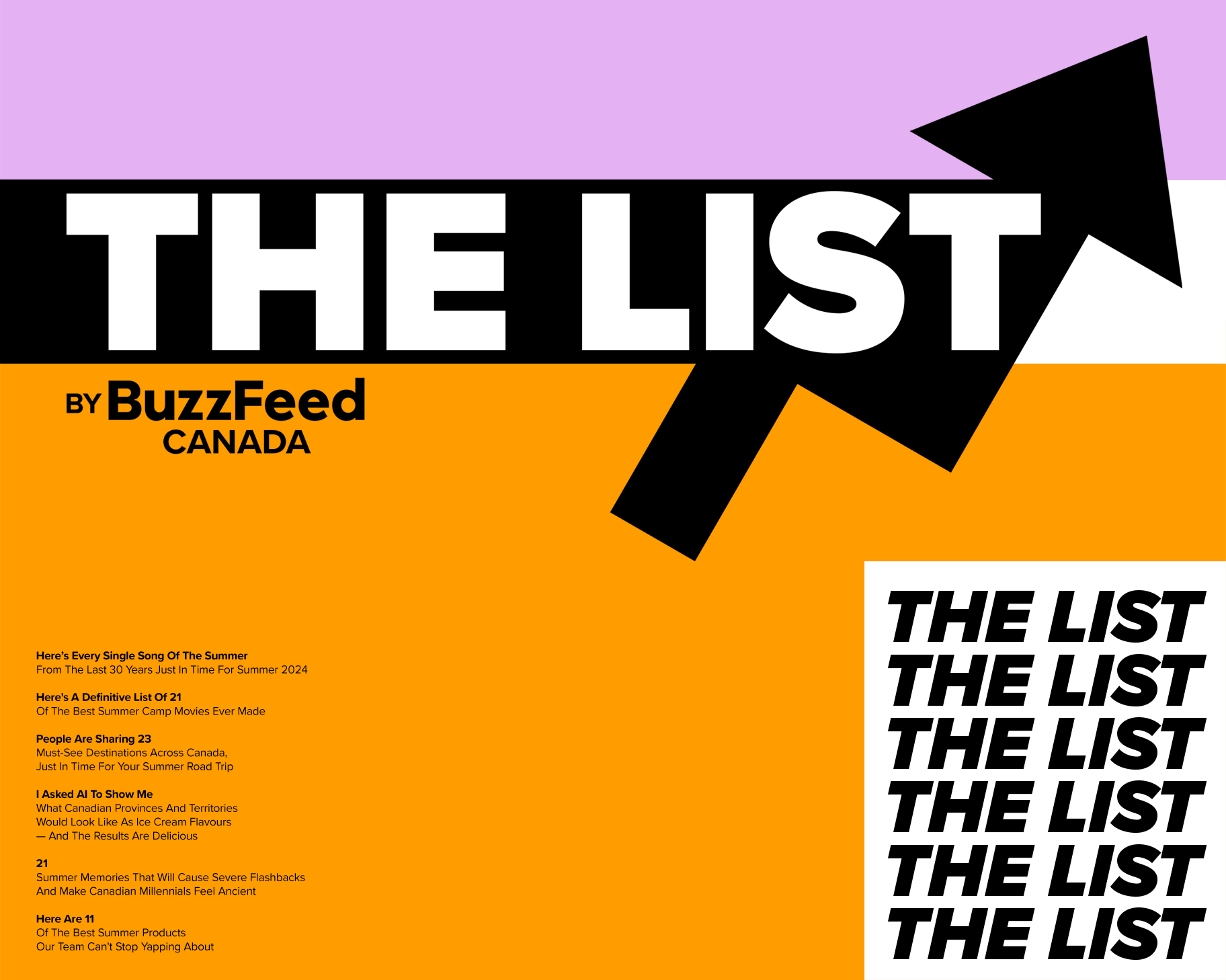 "The List" by BuzzFeed Canada, highlights include best summer songs, must-see summer camp movies, and foods that cause severe flashbacks