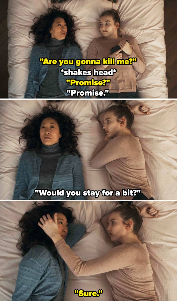 Sandra Oh and Jodie Comer lie on a bed in a three-panel scene, with the top panel showing them looking at each other, middle panel them sharing a moment, and bottom panel Comer touching Oh's hair