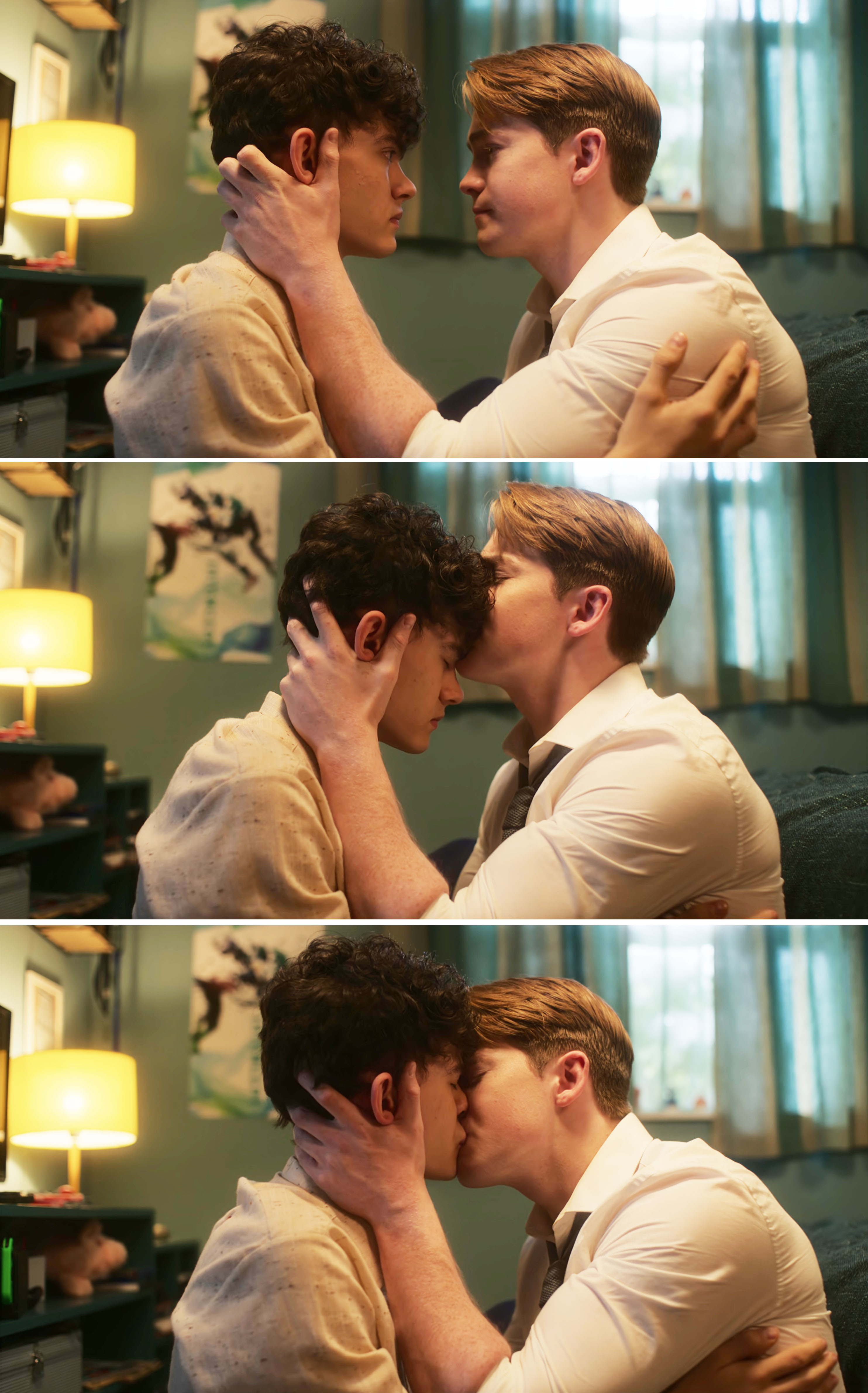 Joe Locke and Kit Connor share a romantic moment, touching each other's faces, kissing on the forehead, then sharing a kiss