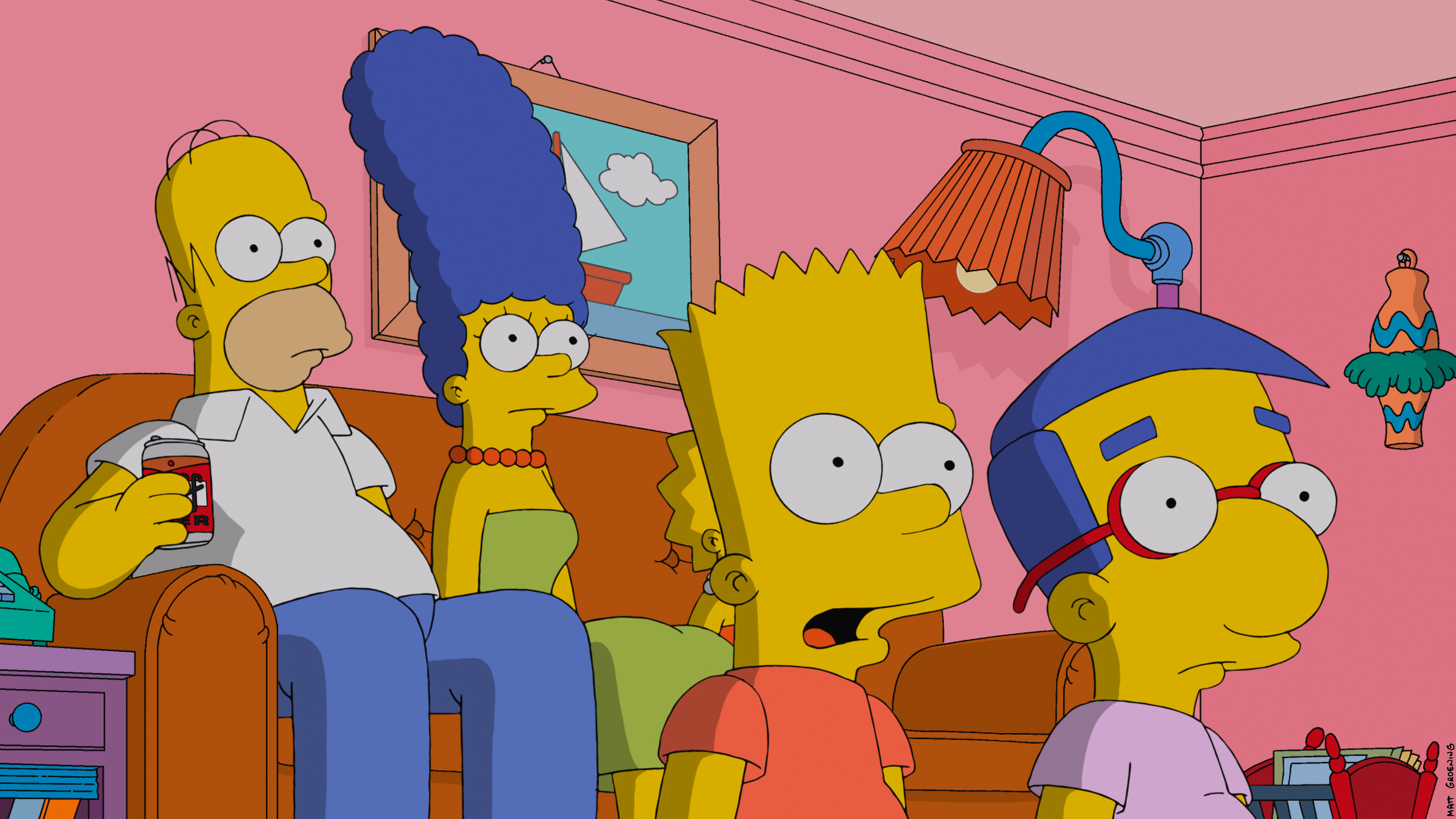 Homer, Marge, Bart, and Milhouse in &quot;The Simpsons&quot;
