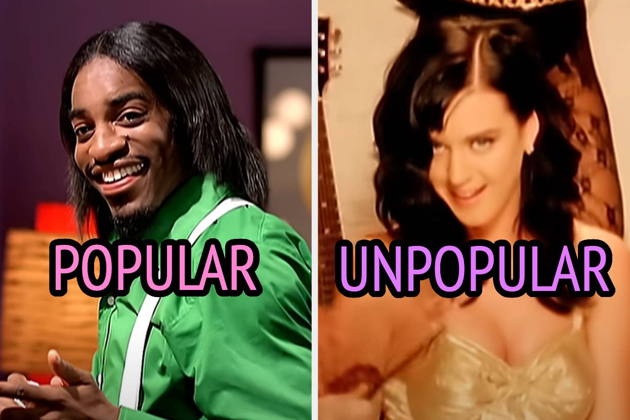 On the left, André 3000 in OutKast's Hey Ya music video labeled popular, and on the right, Katy Perry in the I Kissed a Girl music video labeled unpopular