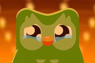 Close-up of Duolingo's mascot, a green owl, with teary eyes and a sad expression