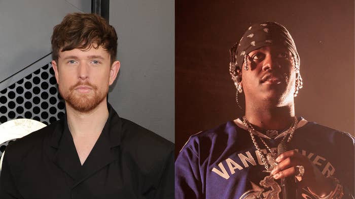 James Blake and Lil Yachty at a music event. James Blake in a formal black suit, Lil Yachty in a bandana and casual t-shirt with necklaces