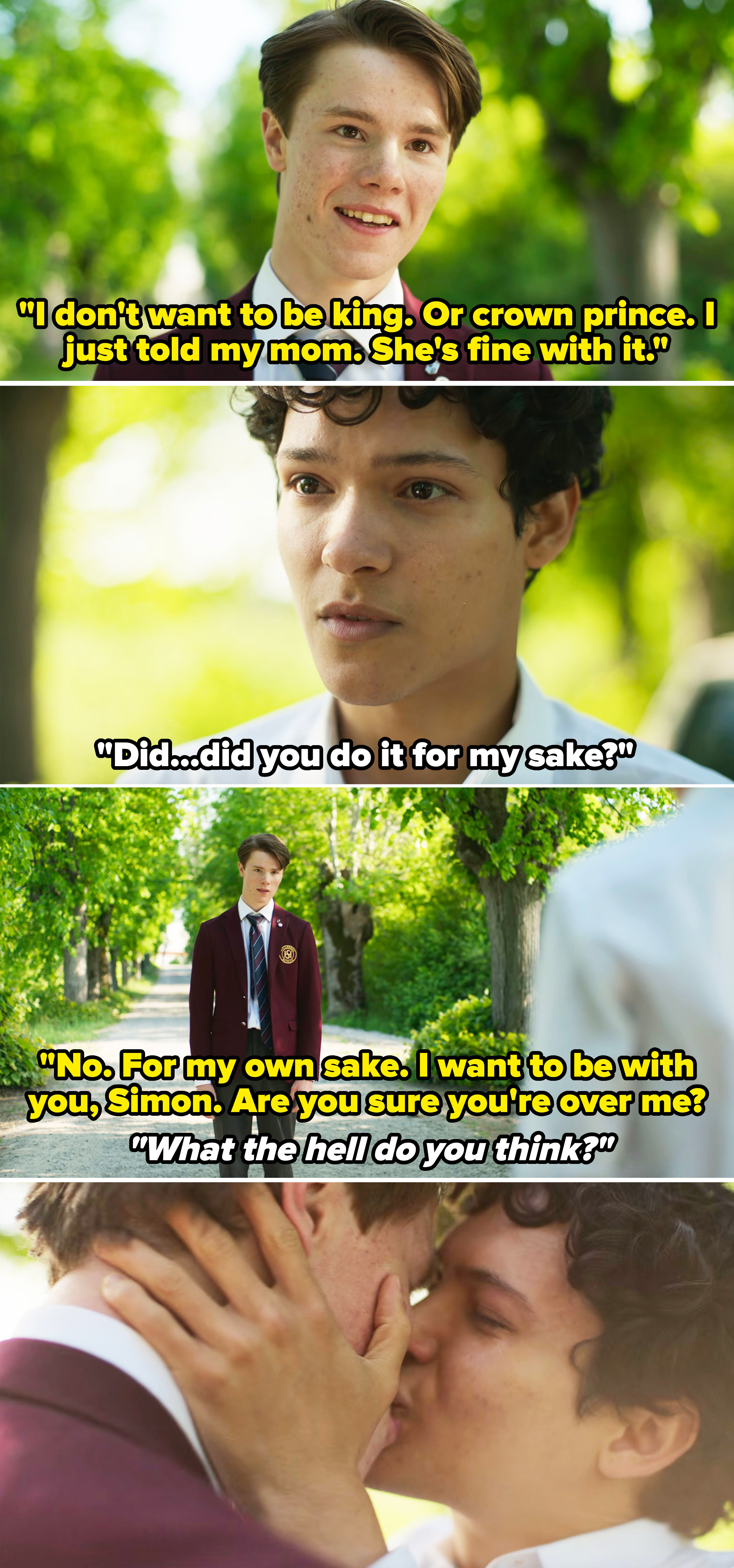 Wilhelm (Edvin Ryding) and Simon (Omar Rudberg) share a kiss and tender moments in a scenic, tree-lined pathway from &quot;Young Royals.&quot;